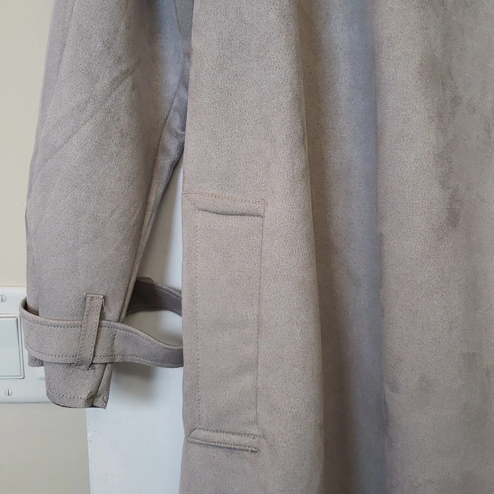 T Tahari Plus Size Mel Faux Suede Classic Trench Coat Light Taupe - Picture 11 of 15